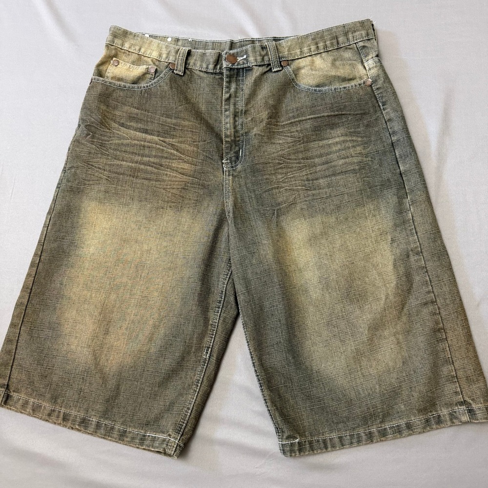 Brooklyn Xpress Denim Shorts Mens 38 Green Sand Wash Good Fleur De Lis Y2K